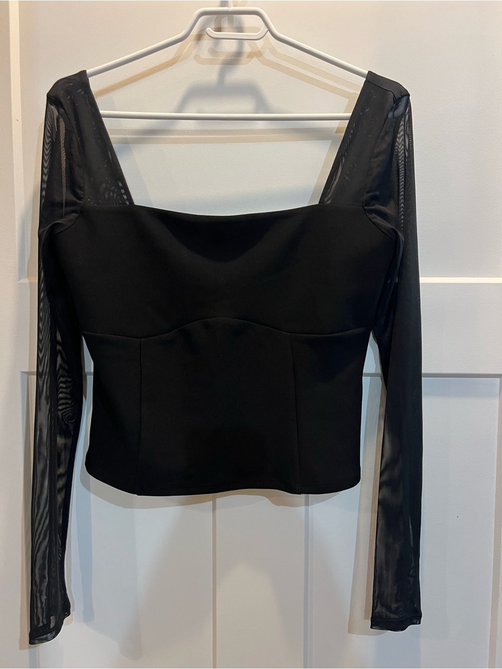 Abercrombie & Fitch Black Square-Neck Top with Sheer Long Sleeves